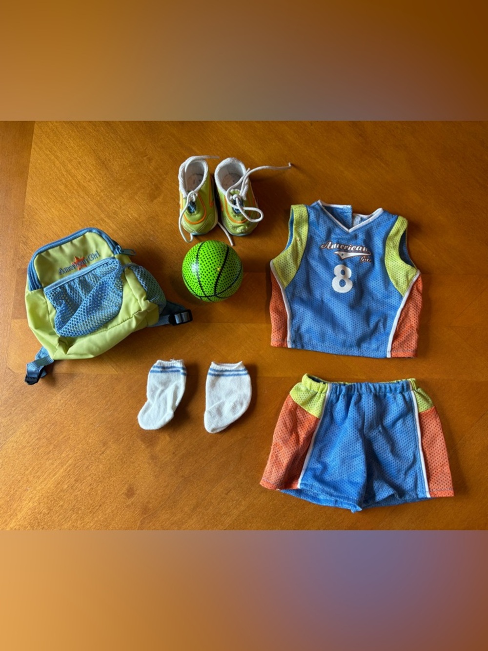 American Girl Doll Green And Orange Basketball Uniform Outfit Sneakers Backpack